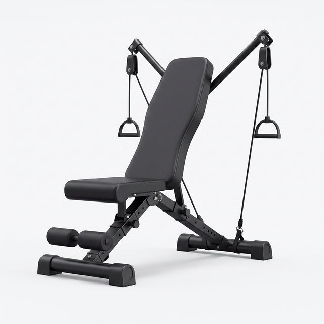 Adjustable gym bench with resistance band arms - foldable incline and decline weight bench