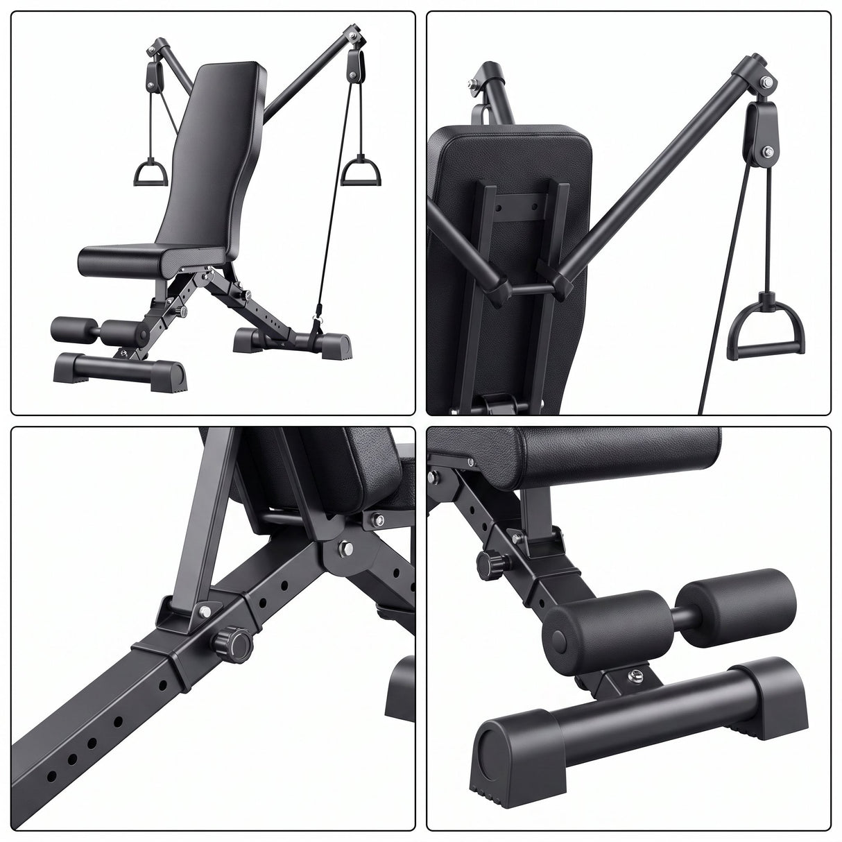 Gym bench detail views - resistance band arms, adjustment knob and position holes, leg roller pads, stabiliser feet