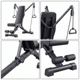 Gym bench detail views - resistance band arms, adjustment knob and position holes, leg roller pads, stabiliser feet