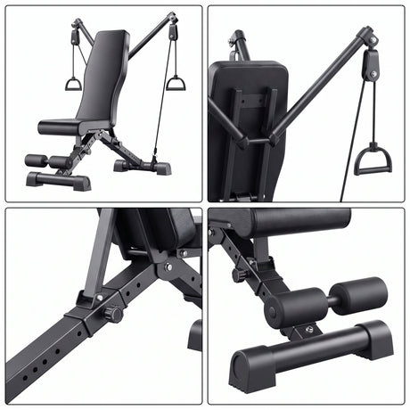 Gym bench detail views - resistance band arms, adjustment knob and position holes, leg roller pads, stabiliser feet