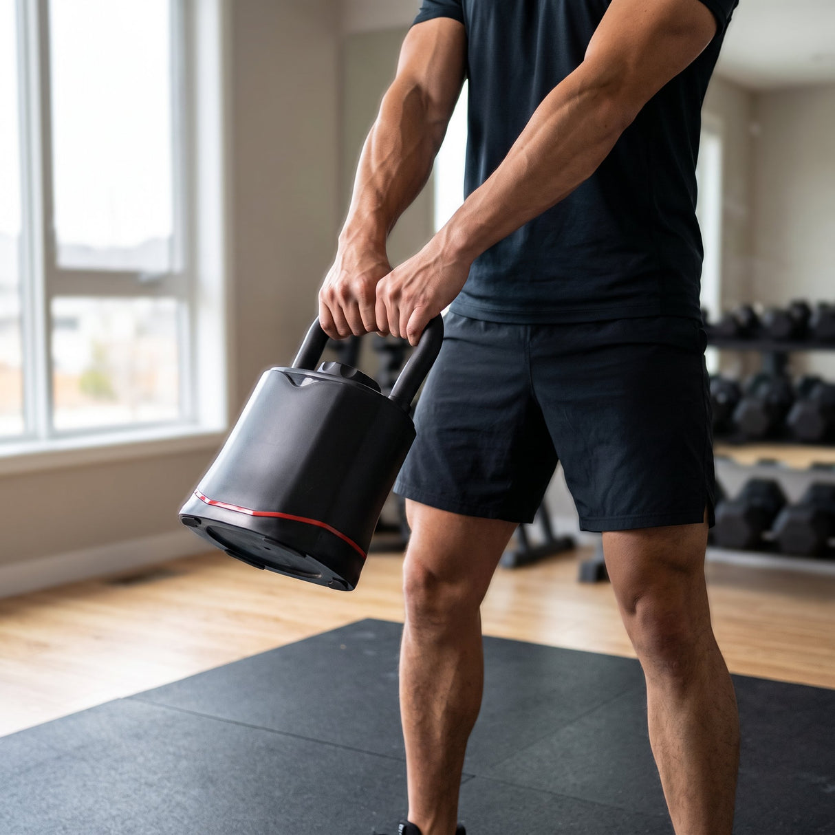 Person performing a two-hand kettlebell swing with the adjustable kettlebell in a home gym