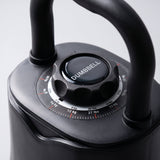 Close-up of the adjustable kettlebell weight selection dial showing kg and lbs markings