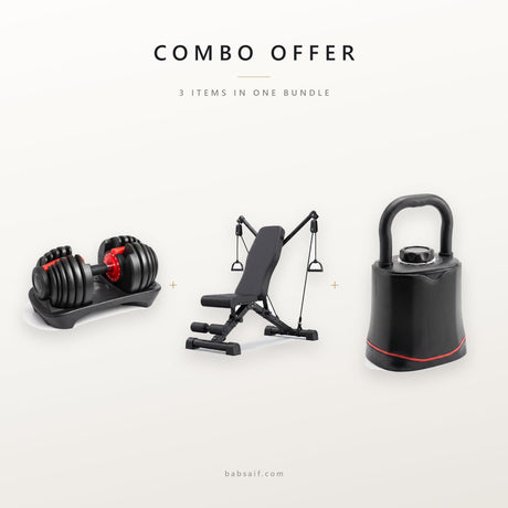 Combo offer: 24kg dumbbell set, bench with resistance arms and adjustable kettlebell