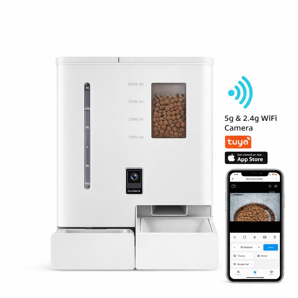Automatic Cat Feeder 2 in 1 Pet Food and Water Fountain Wifi APP Control Smart with Camera 1080p Recording - BAS Kuwait Bab Al Saif 