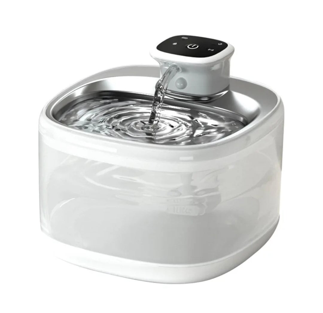 Automatic pet water dispenser 2L in white with stainless steel drinking tray and touch control host, water flowing into the bowl