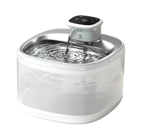 Automatic pet water dispenser 2L in white with stainless steel drinking tray and touch control host, water flowing into the bowl