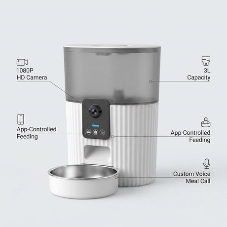 Automatic Smart Remote Food Dispenser Feeder 3L With Stainless Steel Bowl and 1080P HD Camera For Pets Cats And Dogs - BAS Kuwait Bab Al Saif 