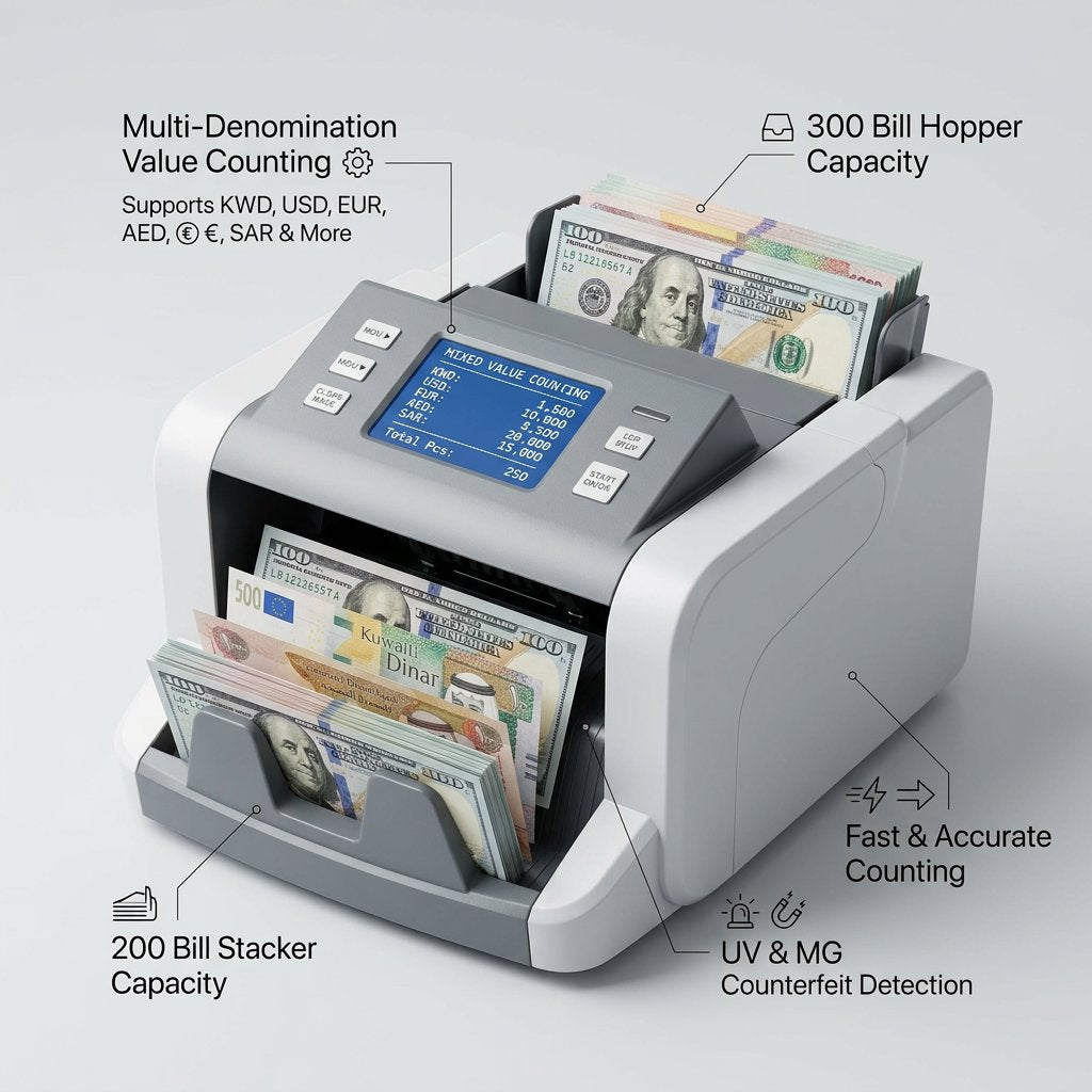 Cash Counting Money Counting Machine Multi denomination Value Amount - BAS Kuwait Bab Al Saif 