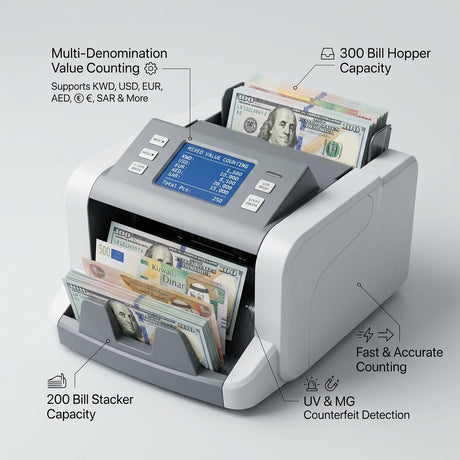 Cash Counting Money Counting Machine Multi denomination Value Amount - BAS Kuwait Bab Al Saif 