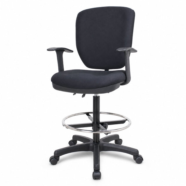 Tall black cashier drafting chair with chrome footrest ring and five star base on white background