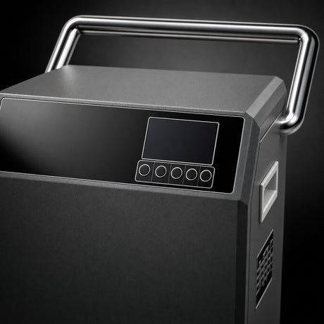 Close up of steam cleaner control panel with LCD display and buttons