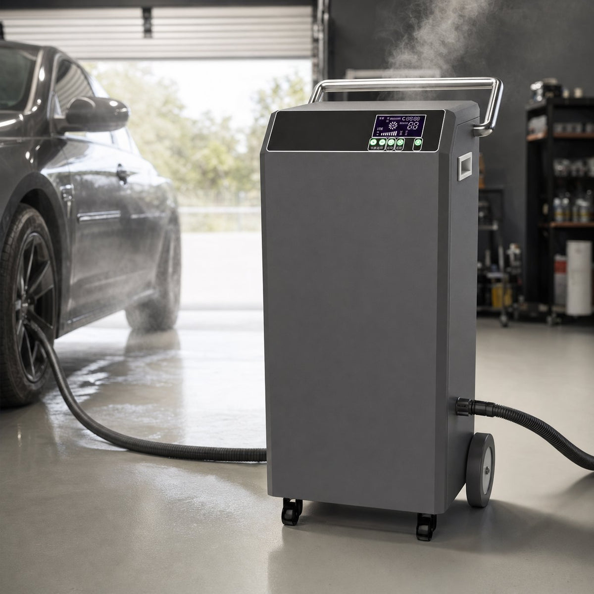 Commercial steam cleaner in use in a car detailing workshop with steam rising
