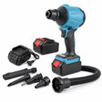 Cordless air blower dust gun kit with battery, charger, flexible hose and nozzle attachments on white background