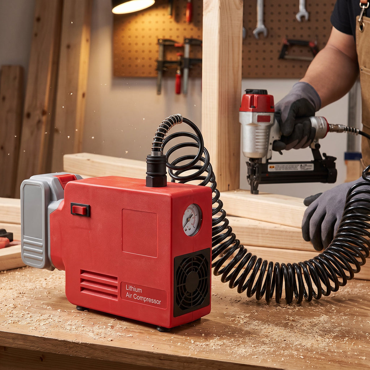 Cordless air compressor on a workshop bench powering a pneumatic brad nailer for woodworking