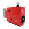 Cordless lithium air compressor in red with grey battery pack, pressure gauge and cooling fan, on a white background