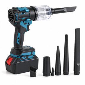 Cordless blower vacuum combo with clear dust canister, battery and nozzle attachments on white background