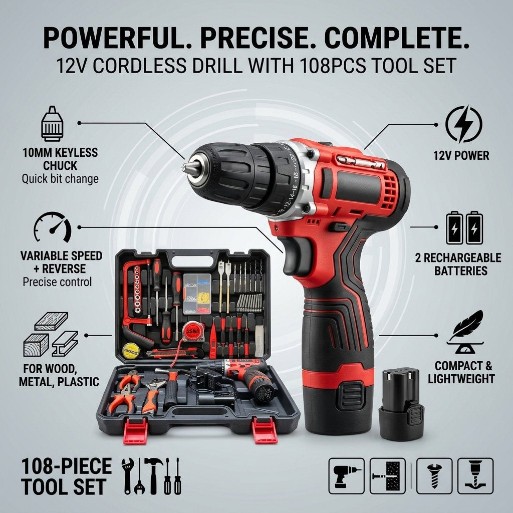 Cordless Drill 12V with tools set 108pc with 2 batteries - BAS Kuwait Bab Al Saif 