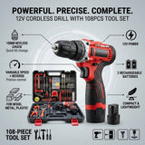 Cordless Drill 12V with tools set 108pc with 2 batteries - BAS Kuwait Bab Al Saif 