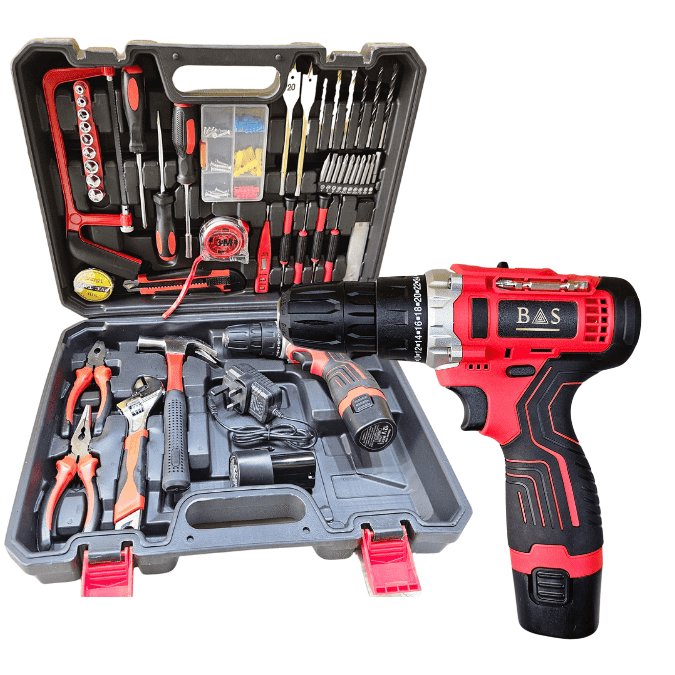 Cordless Drill 12V with tools set 108pc with 2 batteries - BAS Kuwait Bab Al Saif Red Standard 