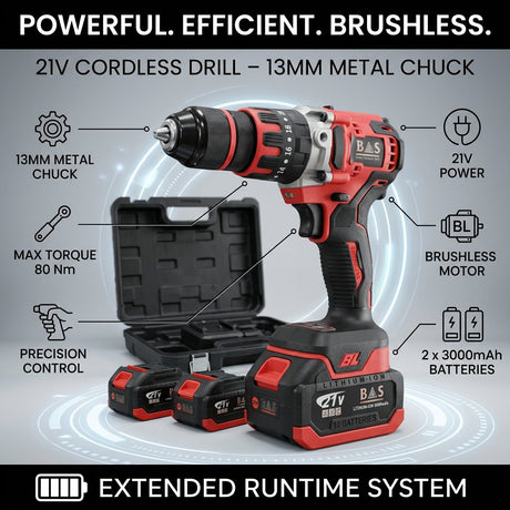 Cordless Drill 13mm 20V with 2 batteries 80N.m Brushless motor - BAS Kuwait Bab Al Saif 