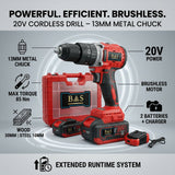Cordless Drill 13mm 20V with 2 batteries , Brushless Motor - BAS Kuwait Bab Al Saif 