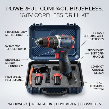 Cordless Drill 16.8v with 2 batteries 2100 rpm 60 N.m Torque Power with drilling accessories - BAS Kuwait Bab Al Saif 