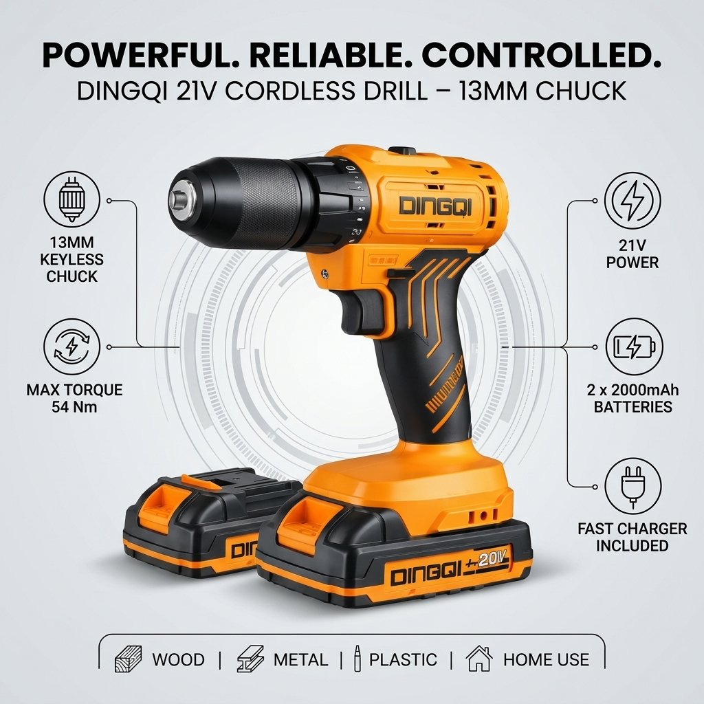 Cordless Drill 21V 2000Mah With 2 Batteries DINGQI BRAND - BAS Kuwait Bab Al Saif 