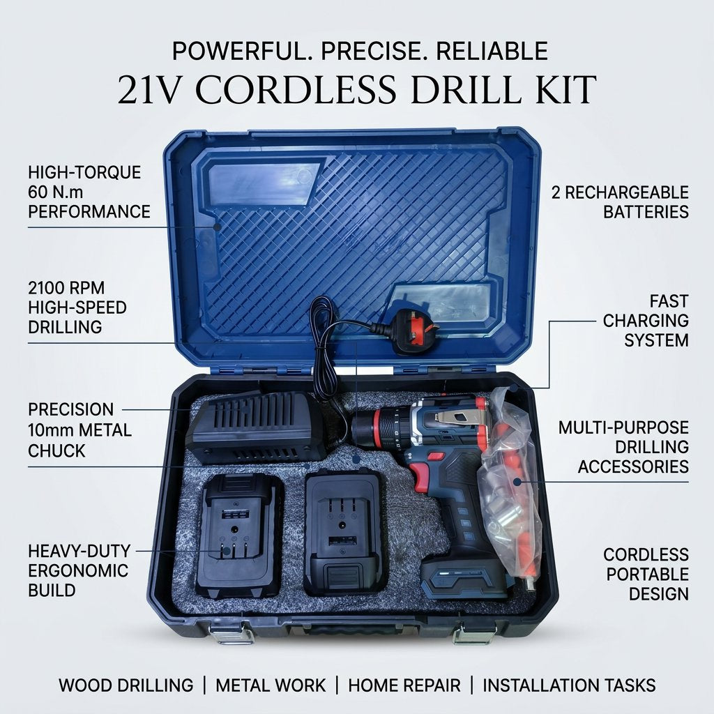 Cordless Drill 21v with 2 batteries 2100 rpm 60 N.m Torque Power with drilling accessories - BAS Kuwait Bab Al Saif 