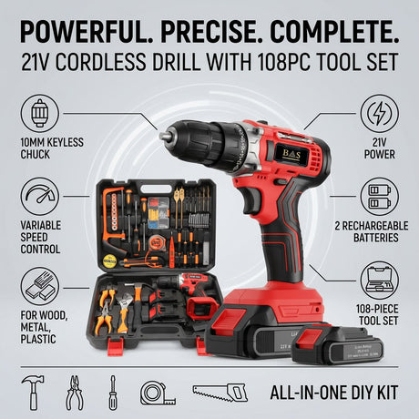 Cordless Drill 21V with tools set 108pc with 2 batteries - BAS Kuwait Bab Al Saif 