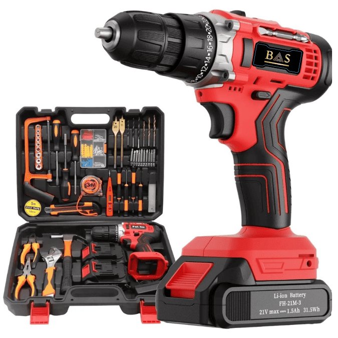 Cordless Drill 21V with tools set 108pc with 2 batteries - BAS Kuwait Bab Al Saif Red Standard 