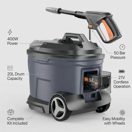 Cordless High Pressure Washer with Drum Trolley 21V - BAS Kuwait Bab Al Saif 