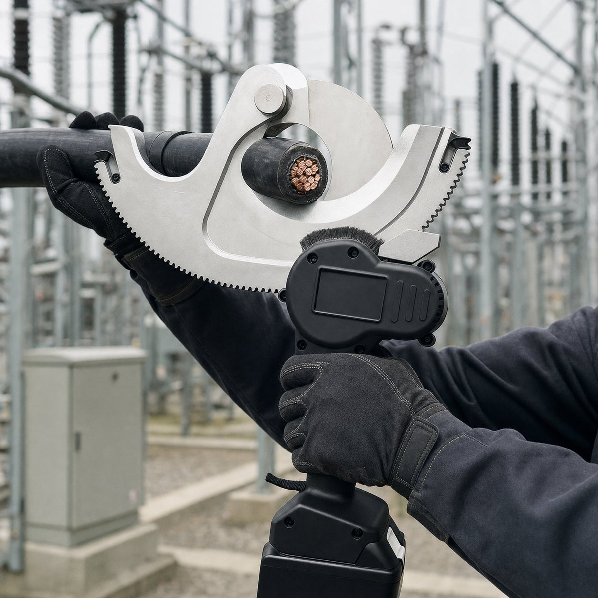Electrician using a cordless hydraulic cable cutter on heavy armoured copper cable at a substation