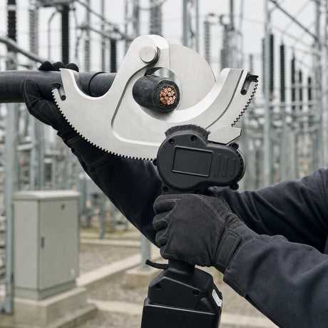 Electrician using a cordless hydraulic cable cutter on heavy armoured copper cable at a substation