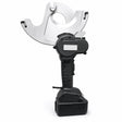 Cordless hydraulic cable cutter with open alloy steel scissor jaws and 18V lithium battery on white background