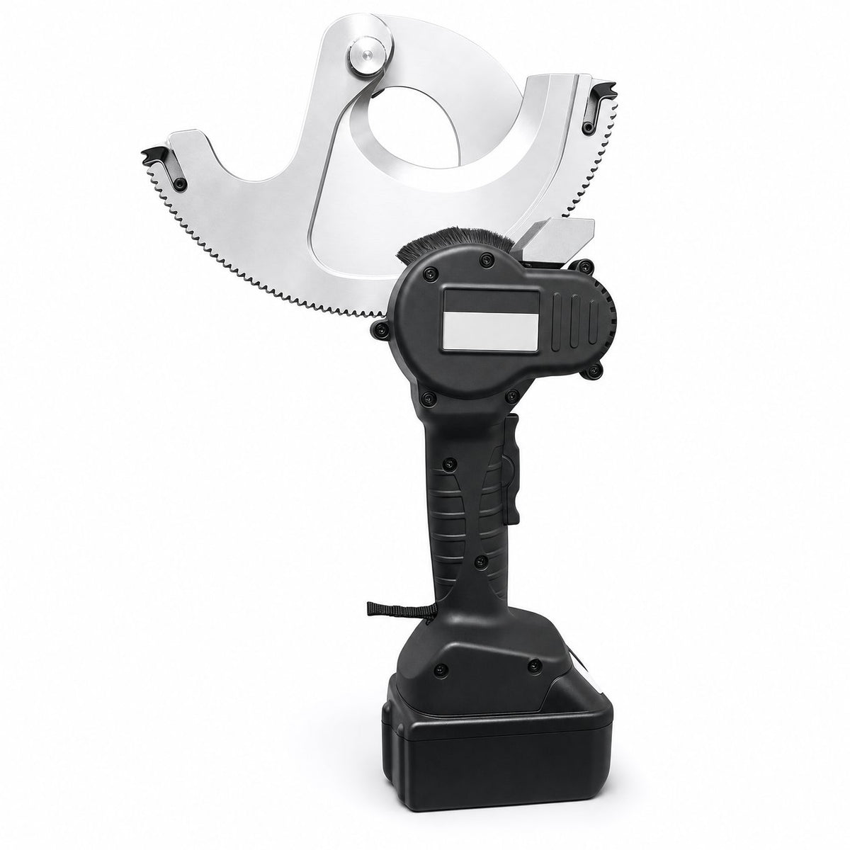 Cordless hydraulic cable cutter with open alloy steel scissor jaws and 18V lithium battery on white background