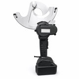 Cordless hydraulic cable cutter with open alloy steel scissor jaws and 18V lithium battery on white background
