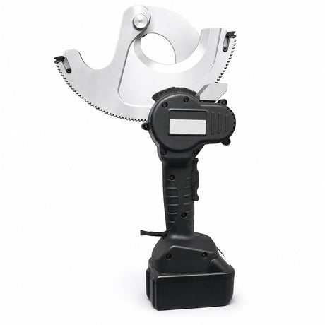 Cordless hydraulic cable cutter with open alloy steel scissor jaws and 18V lithium battery on white background