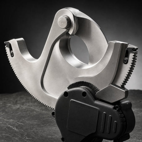Close up of cable cutter alloy steel cutting head showing toothed ratchet edge and pivot pin