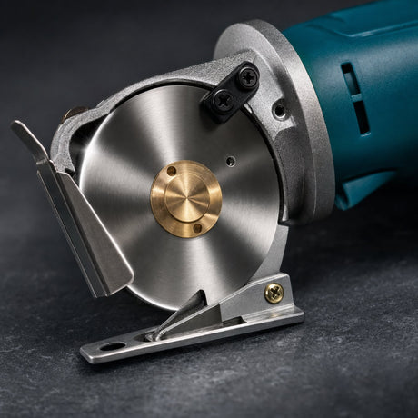 Close up of rotary cutter 70mm stainless blade with brass hub and metal base plate