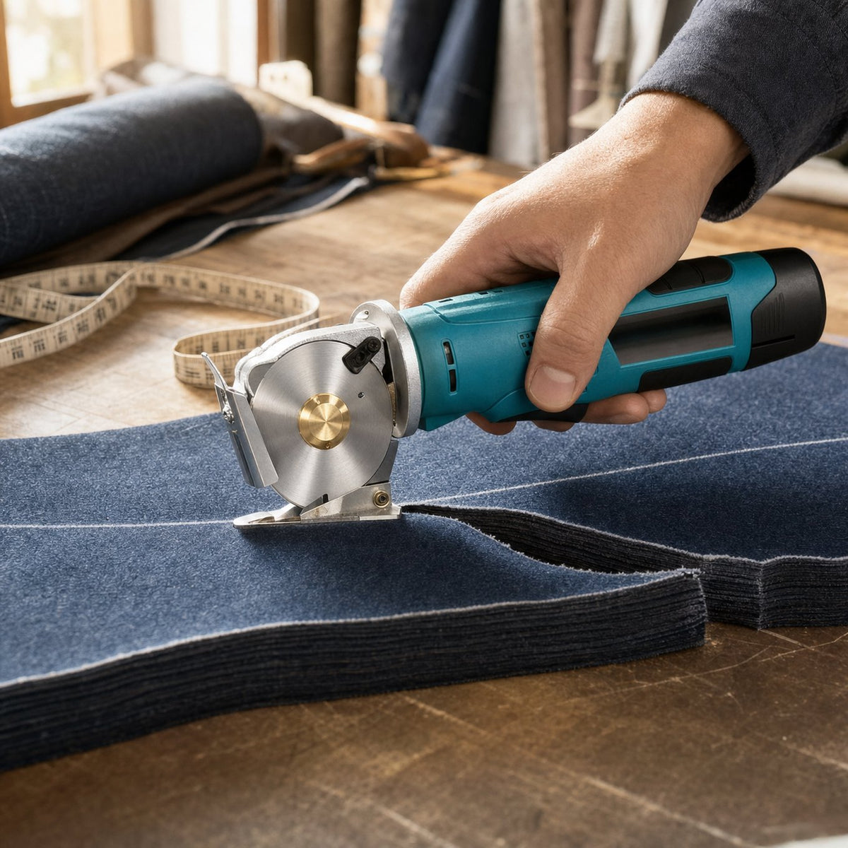 Cordless rotary cutter cutting through a stack of denim fabric on a tailor's table