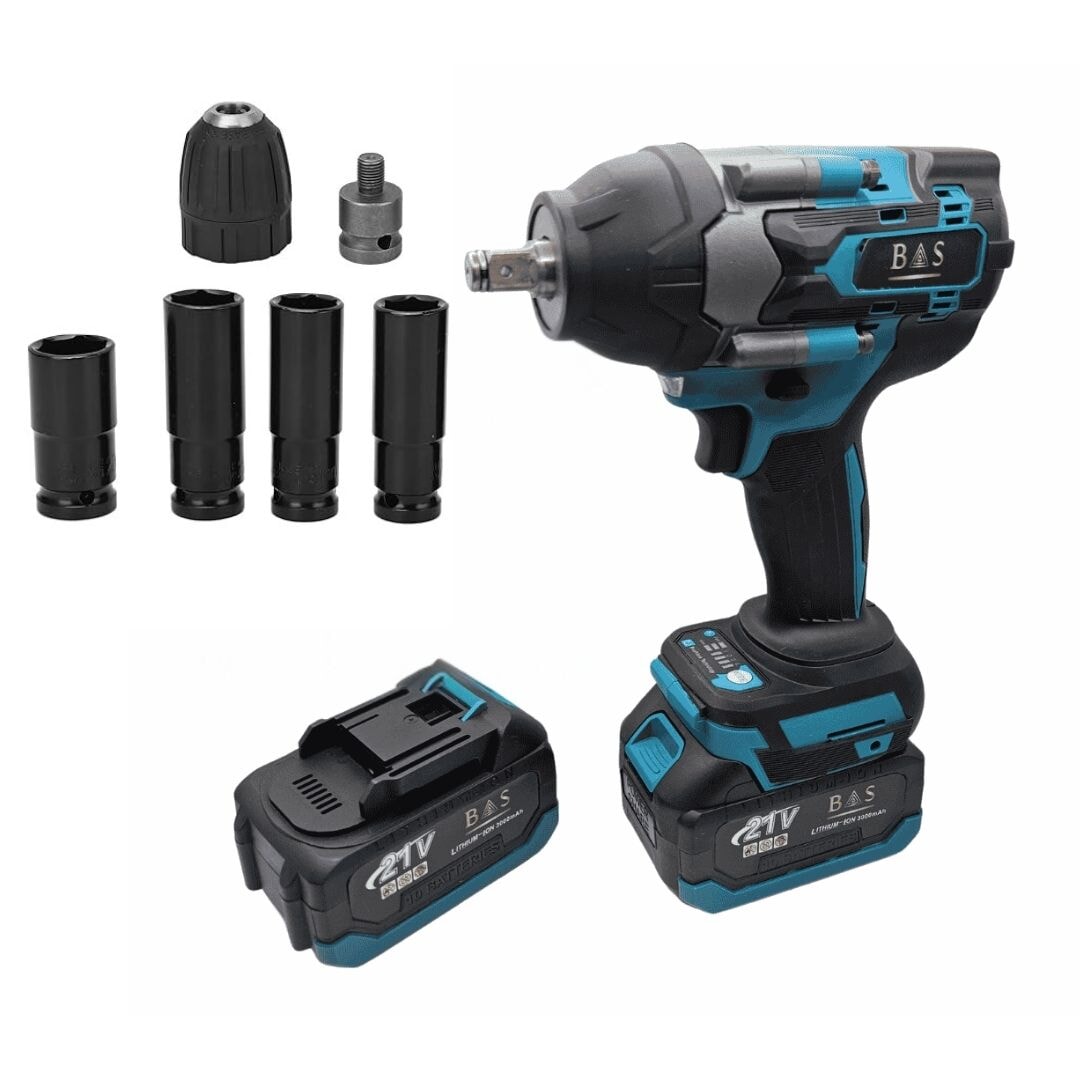 Cordless Wrench 600 Nm 20v with drill chuck 2 batteries - BAS Kuwait Bab Al Saif Blue Standard 