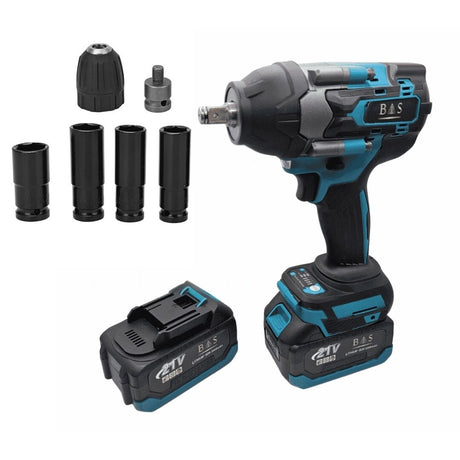 Cordless Wrench 600 Nm 20v with drill chuck 2 batteries - BAS Kuwait Bab Al Saif Blue Standard 