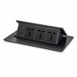 Flip up desktop socket with 3 universal outlets, USB-C and USB-A ports, black stainless steel, open position on white background