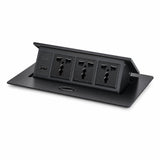 Flip up desktop socket with 3 universal outlets, USB-C and USB-A ports, black stainless steel, open position on white background