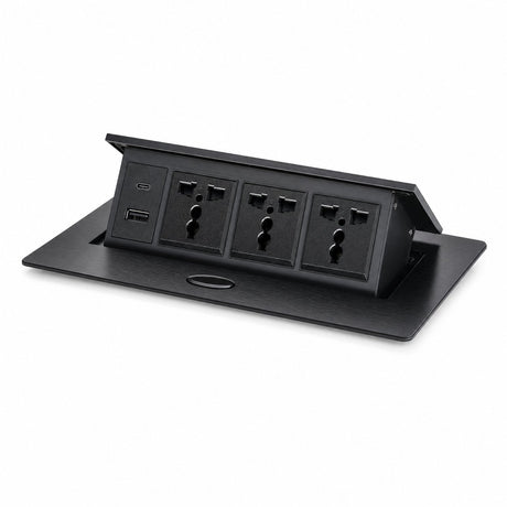 Flip up desktop socket with 3 universal outlets, USB-C and USB-A ports, black stainless steel, open position on white background