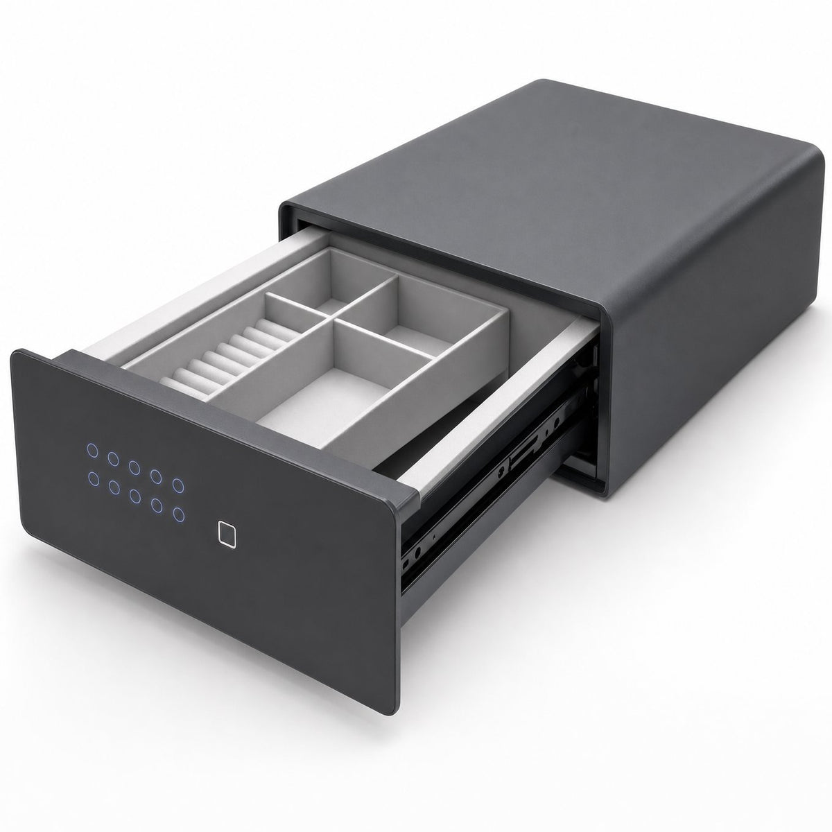 Digital fingerprint drawer safe with keypad, open to show grey compartment tray