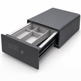 Digital fingerprint drawer safe with keypad, open to show grey compartment tray