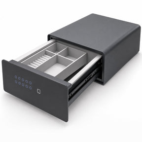 Digital fingerprint drawer safe with keypad, open to show grey compartment tray