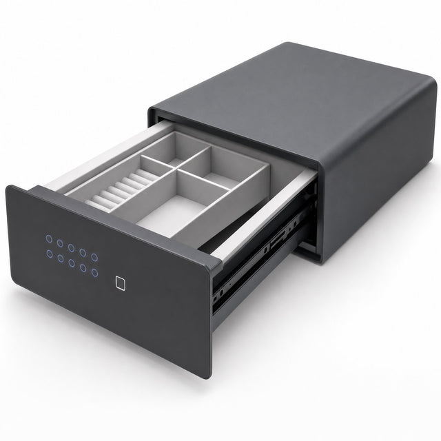 Digital fingerprint drawer safe with keypad, open to show grey compartment tray
