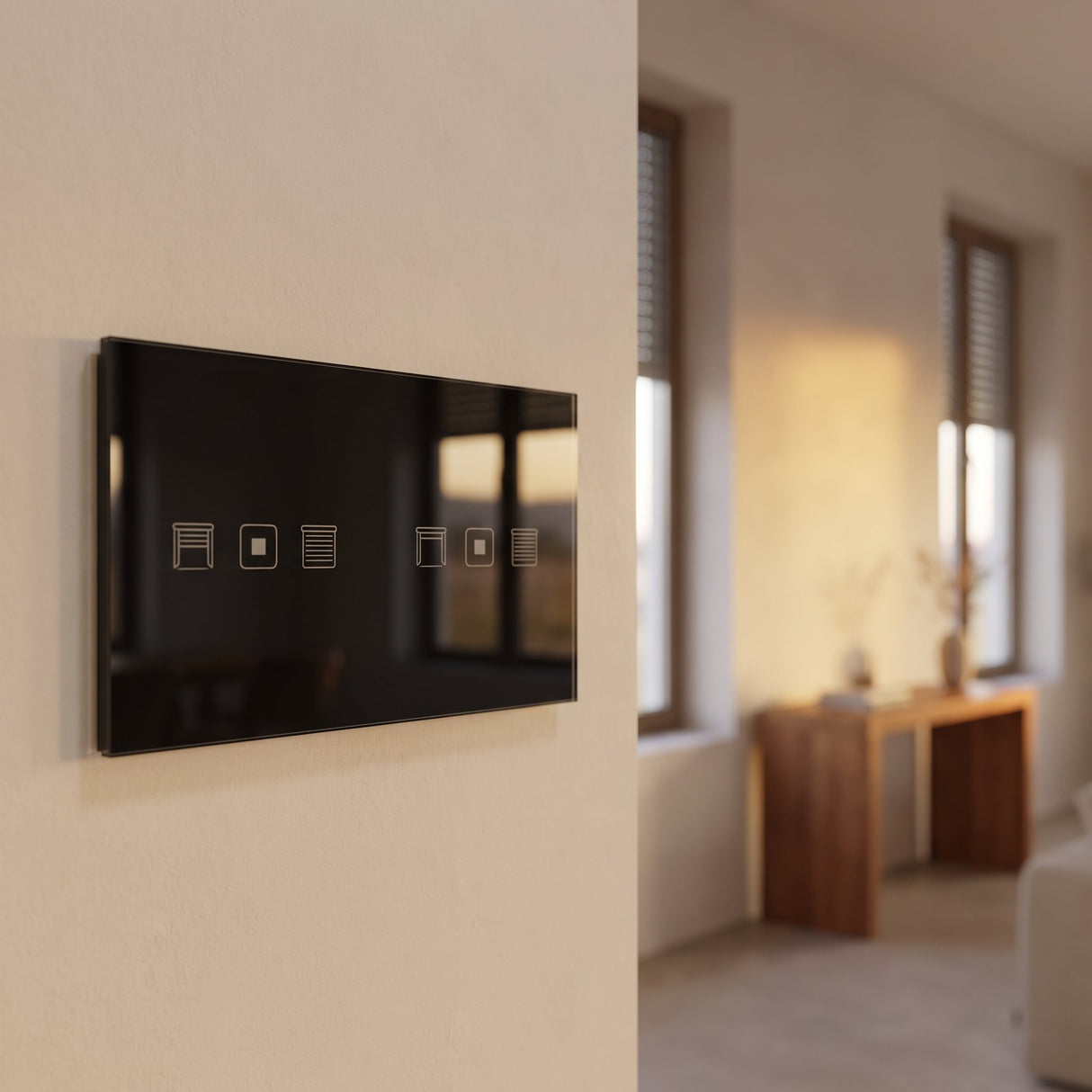 Double roller shutter smart curtain switch installed on a modern wall